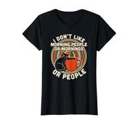 I Don't Like Mornings Retro Introverted Feline Drinks Value Graphic T-Shirt, Women, Black, L