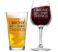 I Drink And I Know Things Beer and Wine Glass Set- Cool Present Idea for Bridal Shower, Wedding, Engagement, Anniversary and Couples - Him, Her, Mr. Mrs. Mom Dad