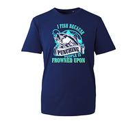 I Fish Because Punching People is Frowned Upon T-Shirt, Fisher Carp Unisex Kids Adults Top (Navy, L)