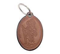 I G J Saint Christopher with Jesus Child Leather Keychain, Handmade Religious Key Ring, Patron Saint of Motorists and Travelers, Brown, 7 x 4.9 cm
