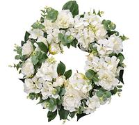 I-GURU Hydrangeas Spring Wreath for Front Door 22-24 Inch, Greenery Summer Door Wreaths with White Peony Flowers, Eucalyptus for Home Farmhouse Outdoor Indoor Holiday Wedding Party Wall Windows Decor