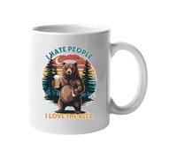 I Hate People I Love The Bear Mug Funny Bear Drinking Beer Cup with Retro Sunset Forest Design Sarcastic Gift for Beer Lovers, Campers and Outdoor Enthusiasts Novelty Mug White Mug