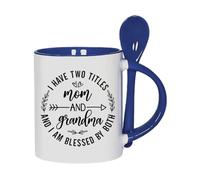 I Have Two Titles Mom and Grandma and I Am Blessed By Both - Mother & Grandmother Gift, 11oz Inside Colour with Spoon Ceramic Coffee-Tea Mug. (Navy Blue)