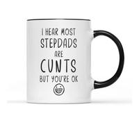 I Hear Most Step Dads are C*NTS Mug Tea Coffee Cup - Novelty Joke Pun Slogan Father's Day Ceramic Present Gift Celebration Dad Rude Black White Smile (Black Handle Prime)