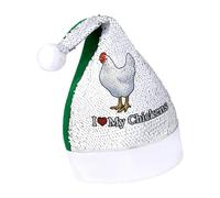 I Heart Love My Chickens Sequins Santa Hat Christmas Cap Xmas Adult Headwear for Holiday Party New Year Festive