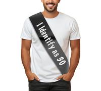 I Identify as 30 Birthday Sash - 30th, 40th, 50th, Black Satin Ribbon with Metallic Silver Print, Adult 160 cm