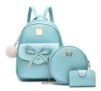 I IHAYNER Girls Bowknot 3-Pieces Fahsion Leather Backpack Backpack Purse for Women Rucksack for Ladies Shoulder Bag, Pearl Blue, L, Rucksack Backpacks