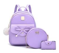 I IHAYNER Girls Bowknot 3-Pieces Fahsion Leather Backpack Backpack Purse for Women Rucksack for Ladies Shoulder Bag, Purple, M, Rucksack Backpacks