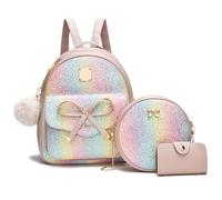 I IHAYNER Girls Bowknot 3-Pieces Fahsion Leather Backpack Backpack Purse for Women Rucksack for Ladies Shoulder Bag, Glitter Pink, M, Rucksack Backpacks