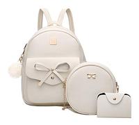 I IHAYNER Girls Bowknot 3-Pieces Fahsion Leather Backpack Backpack Purse for Women Rucksack for Ladies Shoulder Bag, Beige, M, Rucksack Backpacks