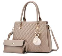 I IHAYNER Womens Leather Handbag and Wallet Set Top Handle Tote Satchel Shoulder Bag for Ladies with Pompom 2 Piece Purse Set-Khaki