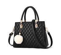 I IHAYNER Womens Leather Handbags Purses Top-handle Totes Satchel Shoulder Bag for Ladies with Pompon, Black, M