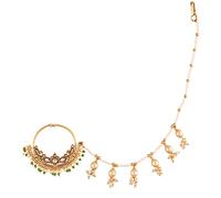 I Jewels 18k Gold Plated Indian Wedding Bollywood Ethnic Bridal Nose Ring/Nath without piercing with Pearl Chain Encased with Pearl Stone for Women/s (NL39-47), 4.5 cm, Gold Plated