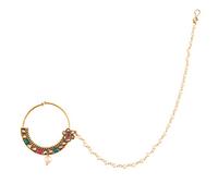 I Jewels 18k Gold Plated Indian Wedding Bollywood Ethnic Bridal Nose Ring/Nath Without Piercing with Pearl Chain Encased with Pearl Stone for Women/s (NL37), 19 cm x 5 cm, Gold Plated