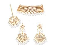 I Jewels 18K Gold Plated Traditional Handcrafted Kundan & Pearl Studded Choker Necklace Jewellery Set With Earrings & Maang Tikka For Women, Free Size, Gold Plated, Pearl