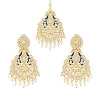 I Jewels Gold Plated Indain Wedding Bollywood Kundan Pearl with Meena Work Chandbali Earrings with Maang Tikka Set for Women (TE7212Bl), No Gemstone