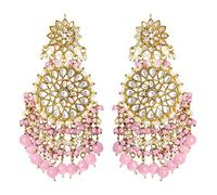 I Jewels Gold Plated Indian Wedding Bollywood Statement Drop Earrings Glided With Kundans & Pearls (E2883), Metal Brass