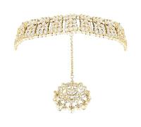 I Jewels Gold Plated Metal Traditional Floral Kundan Pearl Studded Rajasthani Sheeshphool/Mathapatti for Women, Adjustable, Metal Pearl, No Gemstone