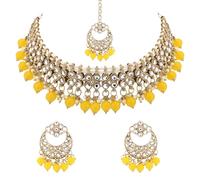I Jewels Gold Plated Traditional Floral Kundan Pearl Choker Necklace Jewelry Earrings & Maang tikka Set For Women, Free Size, No Gemstone