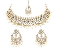 I Jewels Gold Plated Traditional Floral Kundan Pearl Choker Necklace Jewelry Earrings & Maang tikka Set For Women, Free Size, No Gemstone