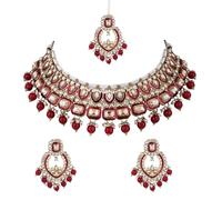 I Jewels Gold Plated Traditional Handcrafted Kundan & Pearl Chocker Necklace With Earrings & Maang Tikka Jewellery Set For Women, Free Size, Metal, No Gemstone