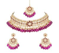 I Jewels Gold Plated Traditional Kundan & Pearl Choker Necklace Jewellery Set With Earrings & Maang Tikka For Women, One Size, Gold Plated, No Gemstone