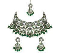 I Jewels Gold Plated Traditional Kundan & Pearl Drop Bridal Necklace With Earrings & Maang Tikka Jewellery Set For Women (K7292G)