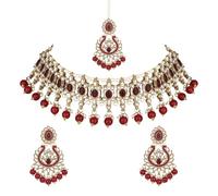 I Jewels Gold Plated Traditional Kundan Pearl Drop Choker Necklace Jewellery With Earrings & Maang Tikka Set For Women/Girls, Free Size, Gold Plated, No Gemstone