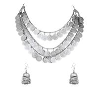 I Jewels Indian Bollywood Wedding Oxidized Silver South India Indian Style Multilayer Coin Necklace Jewelry with Earrings for Women (MC204OX), No Gemstone