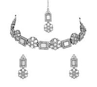 I Jewels Indian Wedding Bollywood Silver Plated Square Shaped Floral Design Necklace Jewellery Set With Earrings (MC201ZW)