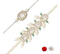 I Jewels Kundan & Pearl Bhaiya Bhabhi Lumba Rakhi Bracelet Set with Roli Chawal and Rakshabandhan Card, One Size, Alloy, no gemstone