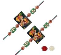 I Jewels Mens Lord Radha Krishna Handpainted Wooden Bhaiya Rakhi With Roli Chawal & Rakshabandhan Card For Bro/Brother/Bhai (R050-2)(Pack Of 2), Free size, Alloy Steel