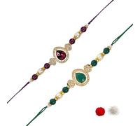 I Jewels Stone & Pearl Combo Bhaiya Rakhi With Roli Chawal for Brother/Bro/Men with Rakshabandhan Greeting Card (R146Q-G)(Set Of 2), Free Size, No Gemstone