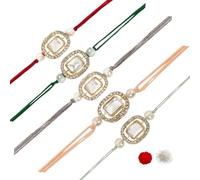 I Jewels Stone Pearl Combo Bhaiya Rakhi With Roli Chawal & Rakshabandhan Greeting Card for Brother/Bro/Bhai/Men (R155M-G-Gr-Pe-Min)(Set Of 5)