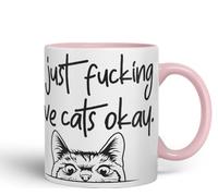 I just f_ucking Love Cats Okay, Hidden, Hiding Kitten cat Joke sarkasm Ceramic Coloured Mug Cup for Tea Coffee Hot Brew 330ml 11Oz Gift V1 (Pink)