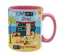 I Just Want to Drink Wine and Sleep in My Caravan Birthday Secret Santa Caravan Gift Coffee Tea Mug Inside Coloured Ceramic Mug. (Pink Inside Coloured and Handle)