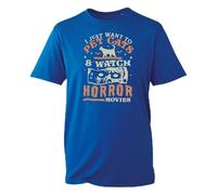 I Just Want to Pet Cats and Watch Horror Movies T-Shirt, Funny Cozy Halloween Night Cat Lover Spooky Graphic Top (Royal, M Years)