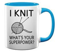I Knit What is Your Superpower Funny Graphic Ceramic Tea Coffee Mug Light Blue