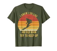 I Know I Ski Like an Old Man Try to Keep Up Vintage Skiing T-Shirt, Men, Olive Green, Large