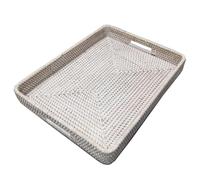 i-lan 17" Handwoven White Washed Natural Rattan Ottoman Serving Tray with Handles-Decorative Wash White Rectangular Wicker Basket Storage Platter for Fruits,Drinks and Table Things