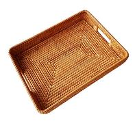 i-lan 17 Inch Oversize Handmade Rectangular Serving Trays with Cutout Handles and 2.3” Wall,Decorative Rattan Woven Storage Baskets Organizer Plate Tray for Bread,Fruits,Catch All Dish,XL,Brown