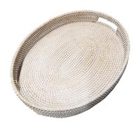 i-lan 17 Inch White Oval Rattan Extra Large Rattan Severing Tray Platter with Handle for Fruit,Breakfast,Drinks,Natural Wicker Woven Serving Basket Ottoman Tray for Coffee Table