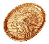 i-lan Oval Rattan X-Large Breakfast Severing Tray-17 Wicker Woven Food Storage Platters for Fruit,Bread, Drinks,Snacks|Coffee Table Serving Basket Ottoman Tray with Handles and 2.4" Wall(XXL-43cm)