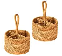 i-lan Rattan Utensil Caddies with Handles, 4 Compartments, 2 Pack | Handmade tabletop organizers keep forks, spoons and condiment packets sorted for everyday dining and buffet setups.
