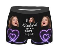 I Licked So It's Mine Personalized Wife's Face Boxer Briefs Funny Men Shorts Underwear Novelty Ugly Double Heart Boxer Briefs for Men Husband Boyfriend Valentine's Day Boxer Briefs