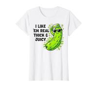 I Like ’Em Real Thick & Juicy Cartoon Pickle Value Graphic T-Shirt, Women, White, L