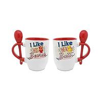 I Like his Beard & I Like her Butt Themed Set of 2 Wedding Anniversary, Valentines Day Present Couple Mug Set. (11 Oz Mug with Spoon - Red)