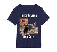 I Like Sewing and Cats T-Shirt, Women's Plus, Navy Blue, 5X