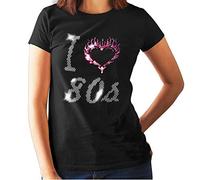 I Love 80s Eighties Ladies Fitted T Shirt - Crystal Rhinestone Design - Rock and ROLL - Disco - Fancy Dress - (Size 8 to 16) (10-12 Large) Black