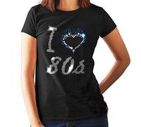 I Love 80s Eighties Ladies Fitted T Shirt - Crystal Rhinestone Design - Rock and ROLL - Disco - Fancy Dress - (Size 8 to 16) (12 Large) Black